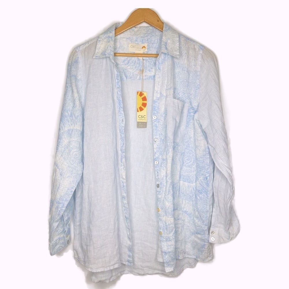 C&C Blue and White Button-Up Linen Shirt Size Lar… - image 1